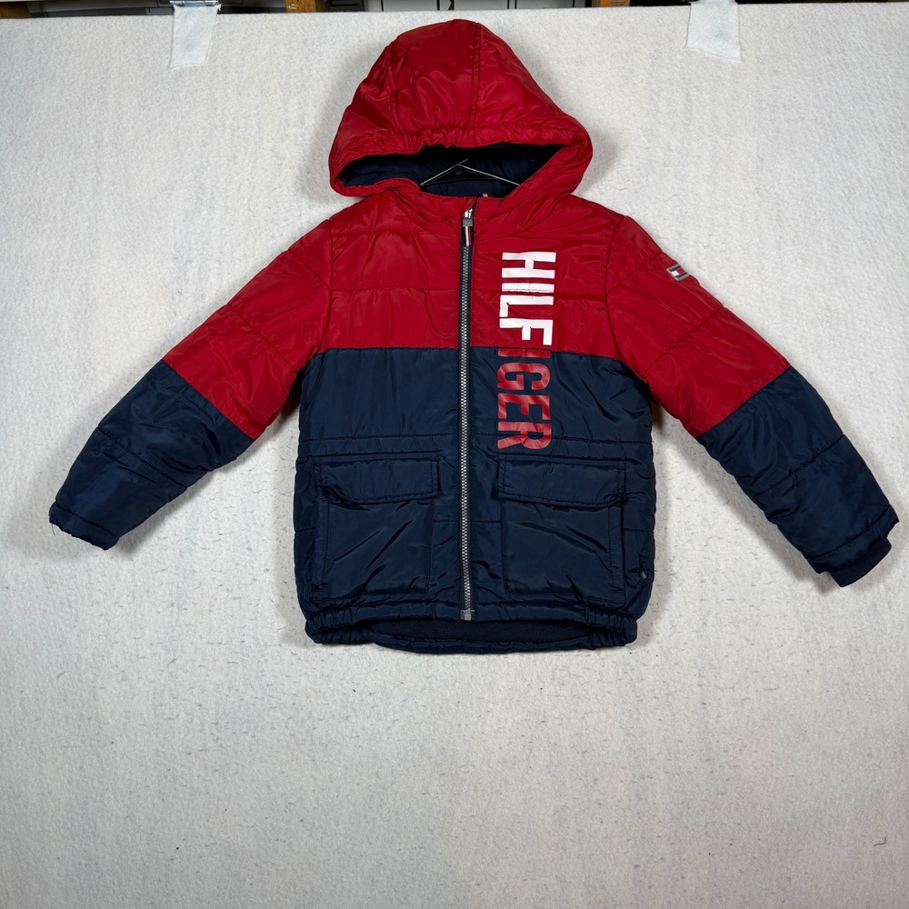Tommy Hilfiger Kids Red Navy Puffer Jacket Hooded Fleece Lined Size 5/6
